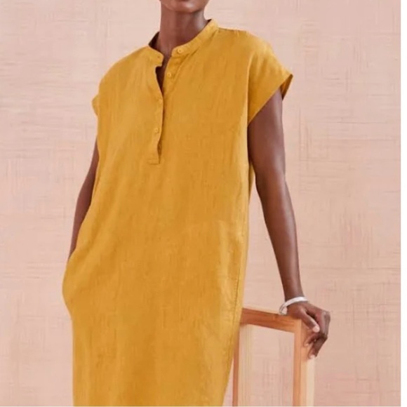 Eileen Fisher Mustard Yellow Button-Up organic linen short sleeve Dress - Picture 1 of 16